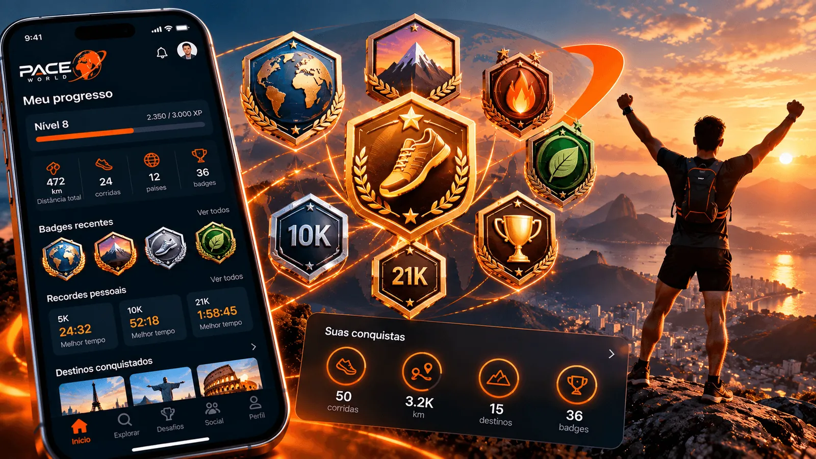Pantalla de progreso de la app con insignias de logros y un corredor celebrando