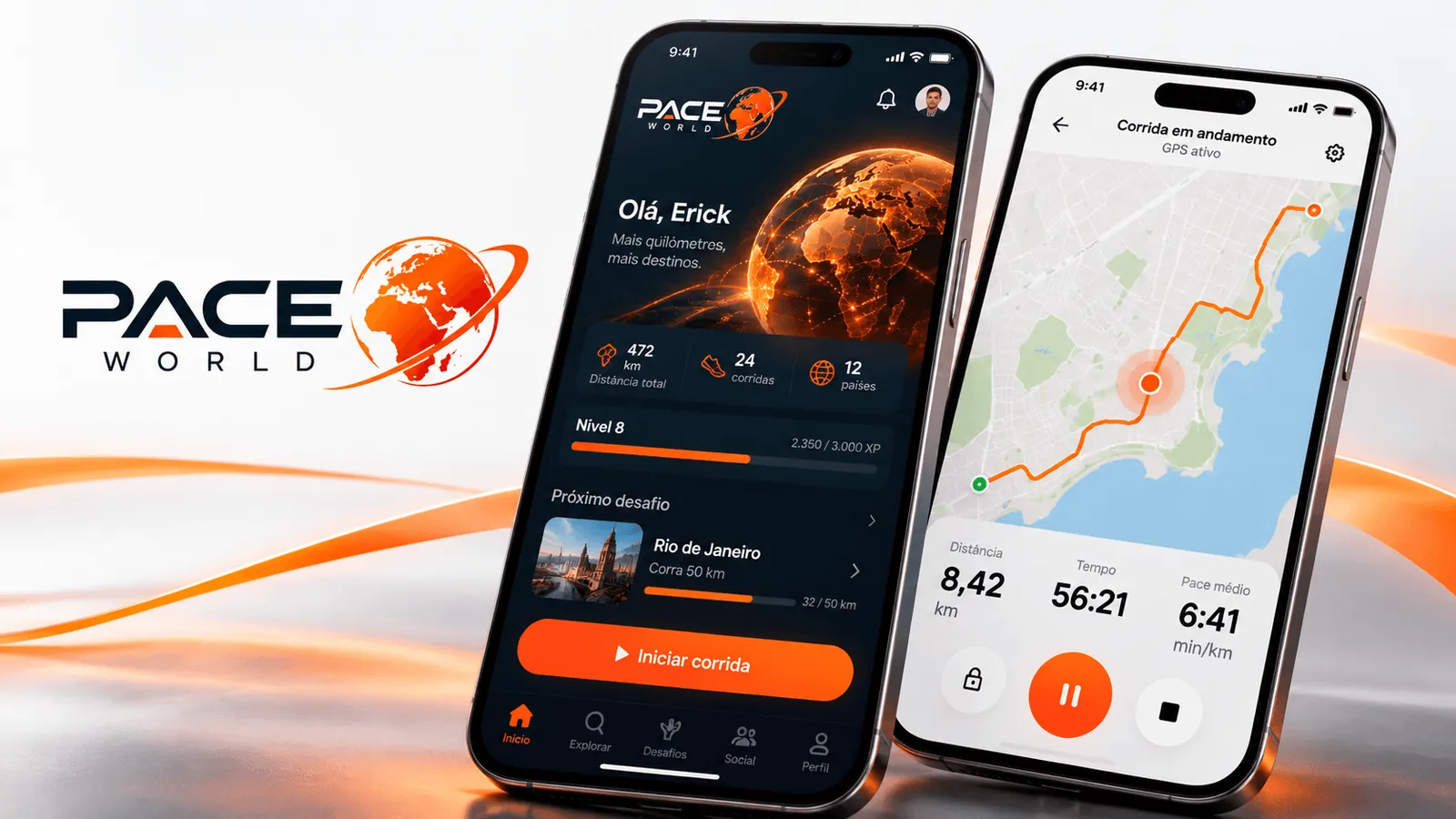 Pantallas de la app Pace World: inicio y carrera en curso
