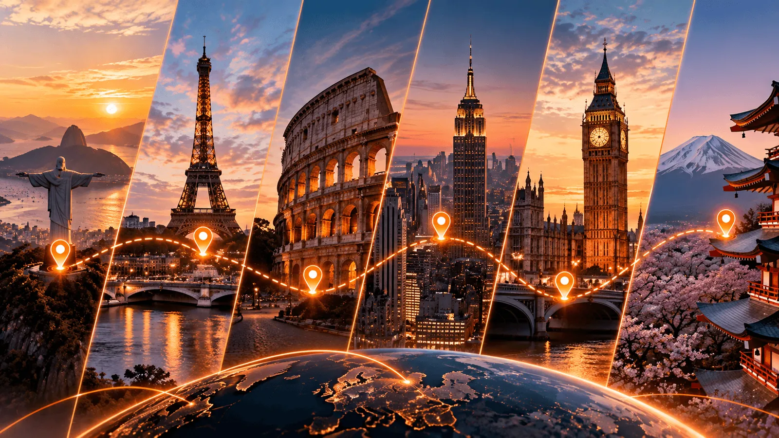 Ciudades icónicas — Río, París, Roma, Nueva York, Londres y Tokio — unidas por una ruta