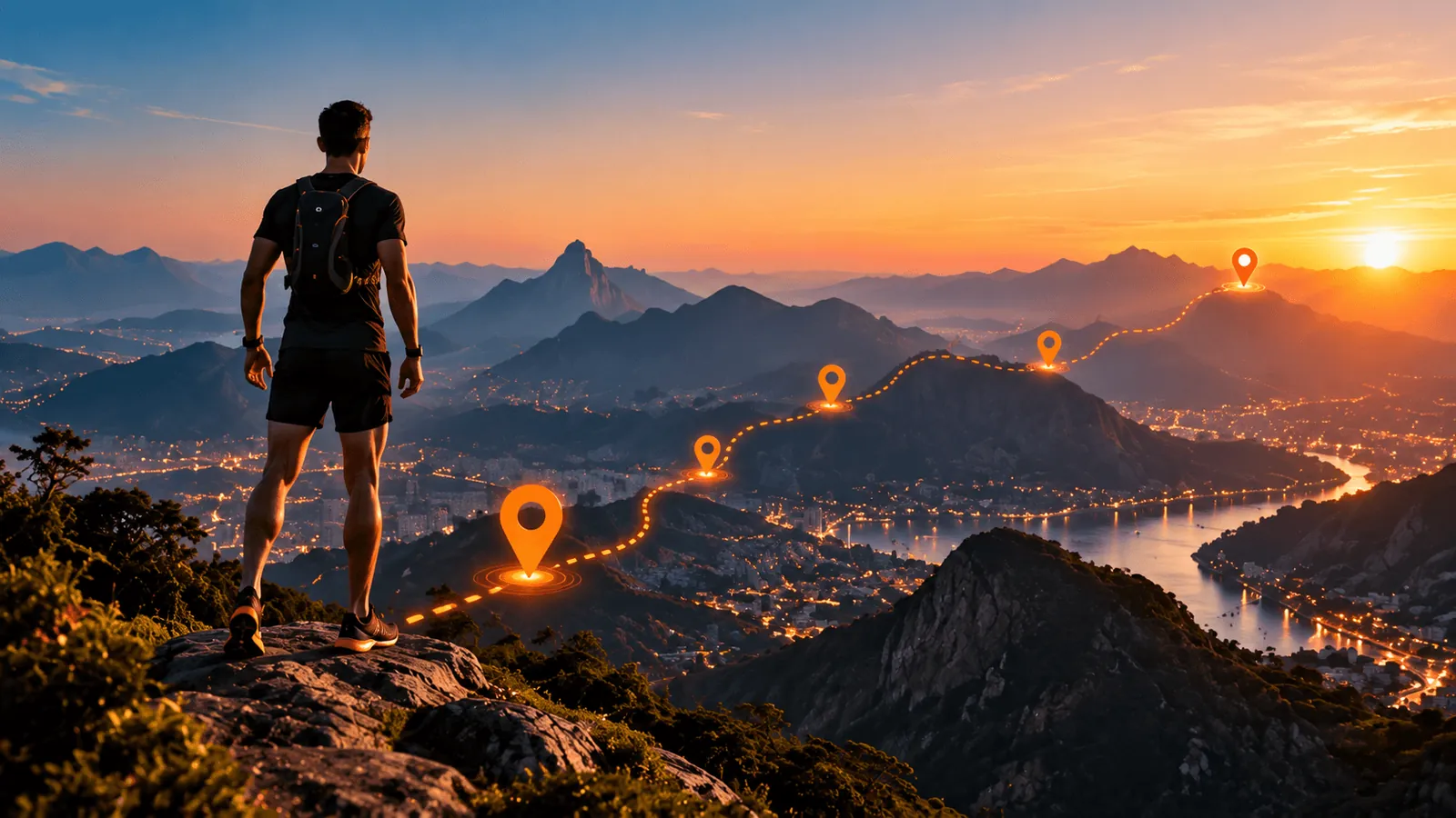 Un corredor en lo alto de una montaña mirando una ruta marcada con puntos en el mapa