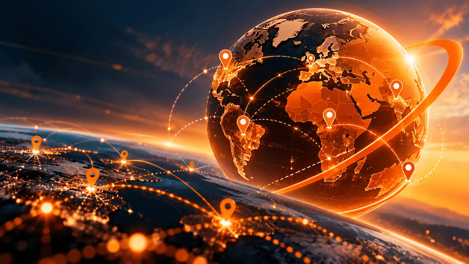 Un globo naranja con rutas que conectan ciudades del mundo