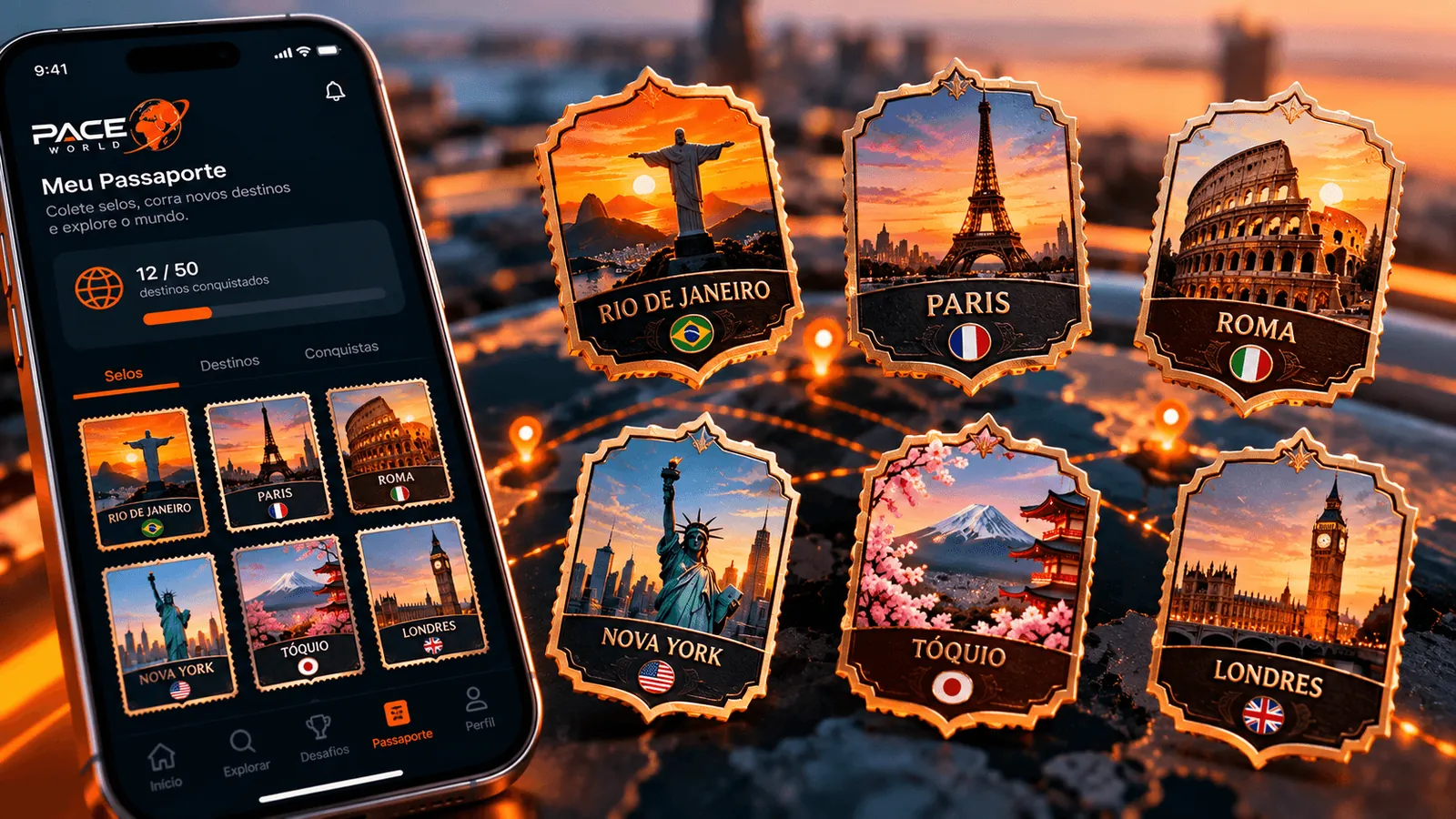 El pasaporte de la app con sellos de Río de Janeiro, París, Roma, Nueva York, Tokio y Londres